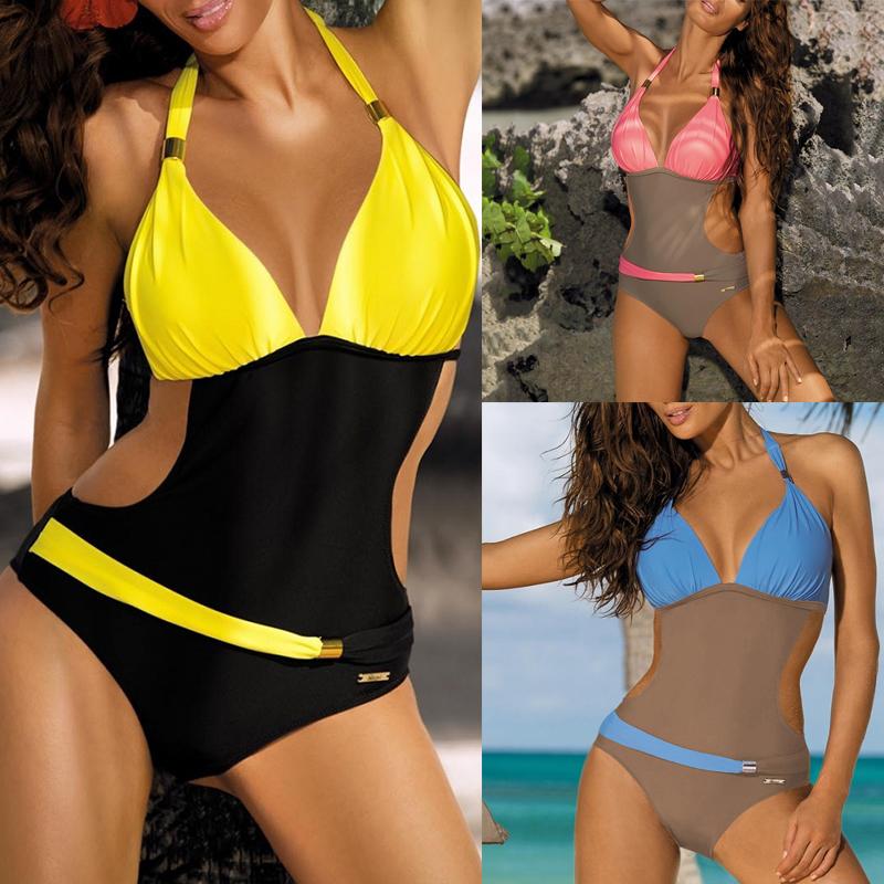 

Sexy Halter Patchwork One Piece Monokini, Pink