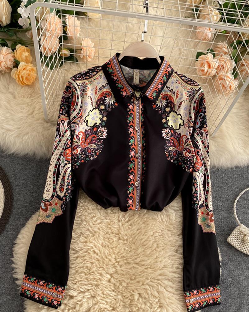 

Vintage Bohemia Print Long Sleeve Blouse, Black
