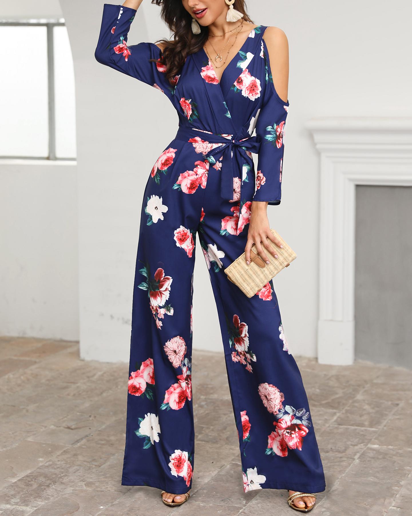

Floral Cold Shoulder Belted Wide Leg Jumpsuit, Dark blue