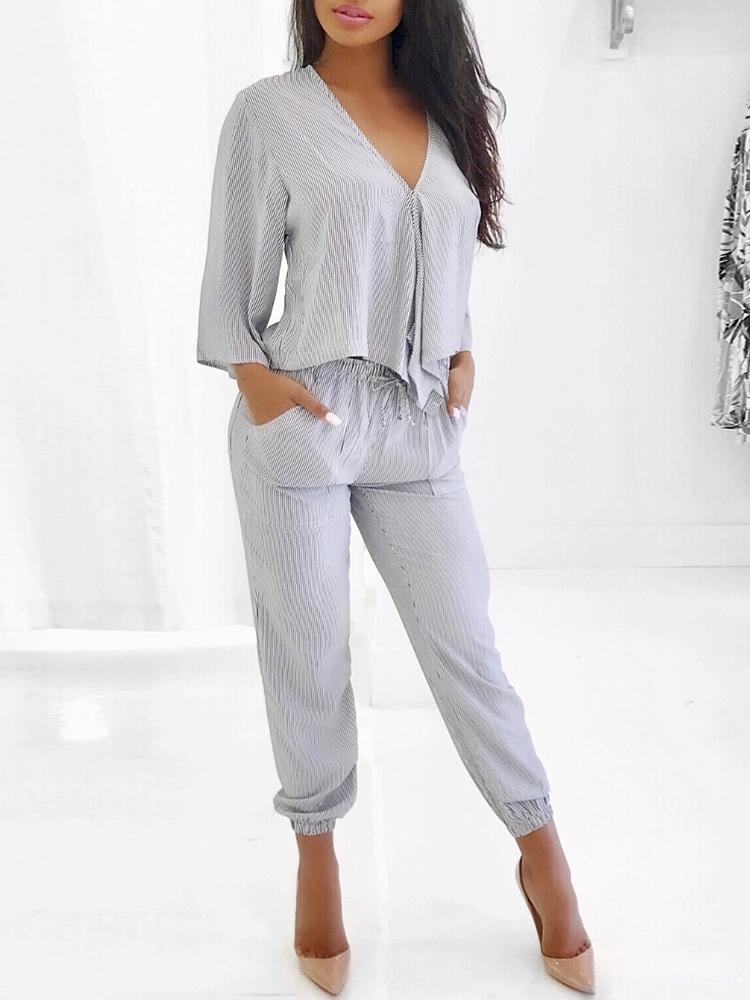 

Trendy Solid V Neck Casual Pantsuit, Gray