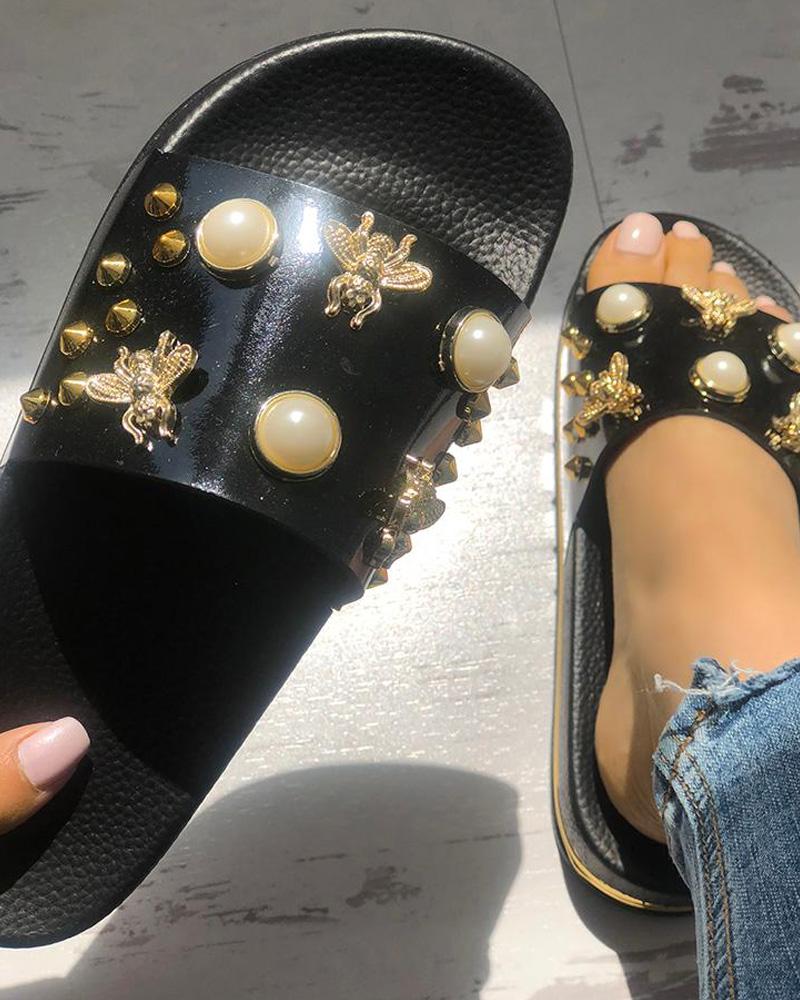 

Shiny Embellished Single Strap Flat Sandals, Black