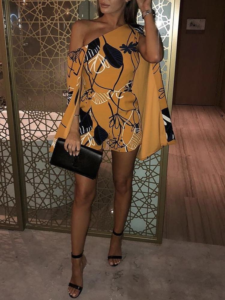 

Floral Print Skew Neck Cape Sleeve Mini Dress, Yellow
