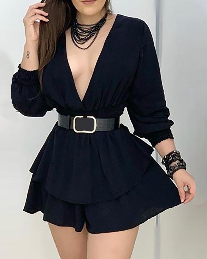 

V-neck Solid Casual Romper, Black