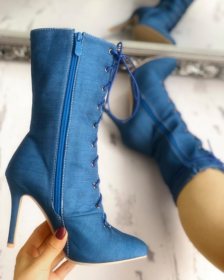 

Solid Lace-Up Eyelet Pointed Toe Heeled Boots