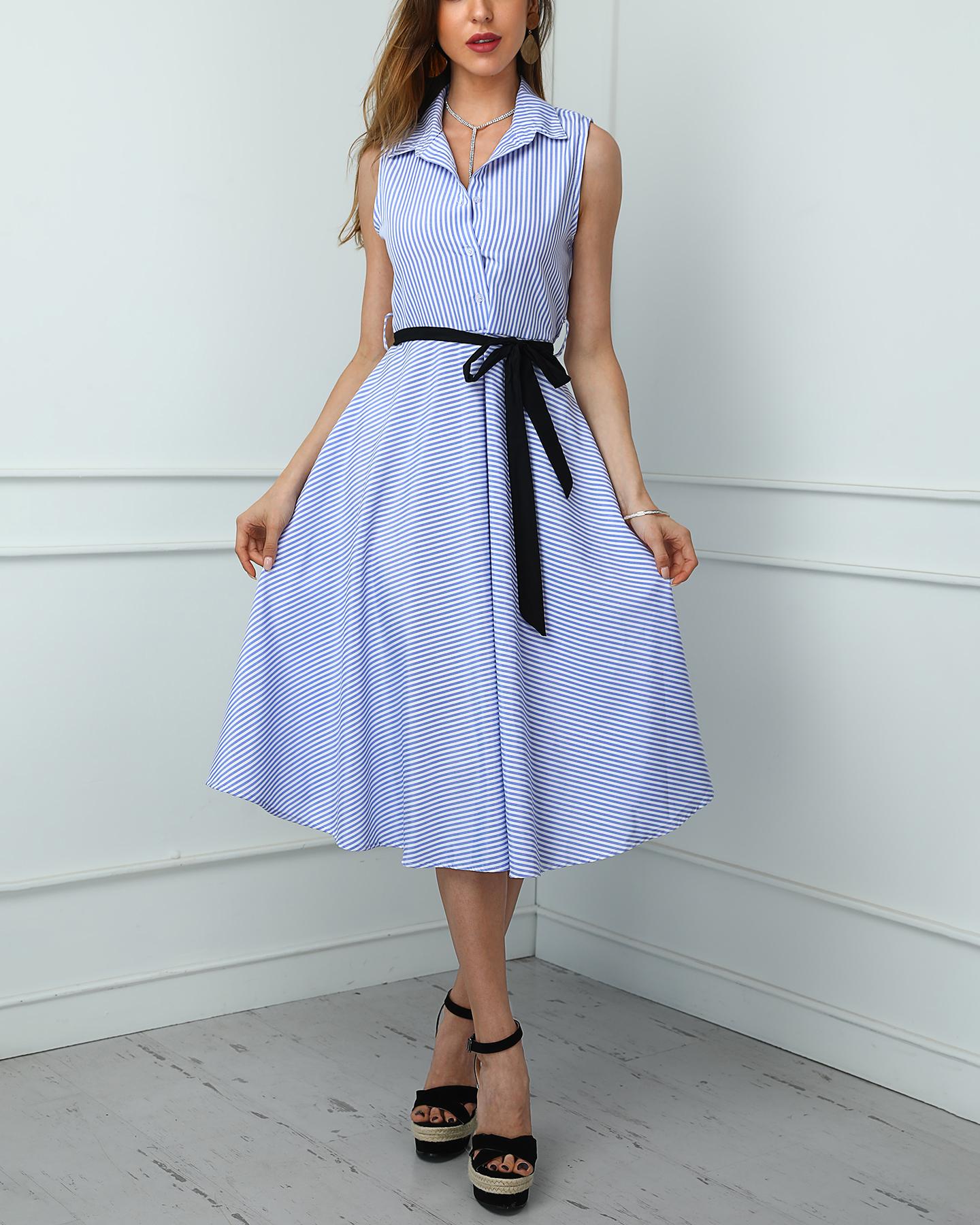 

Sleeveless Striped Belted Casual Dress, Blue