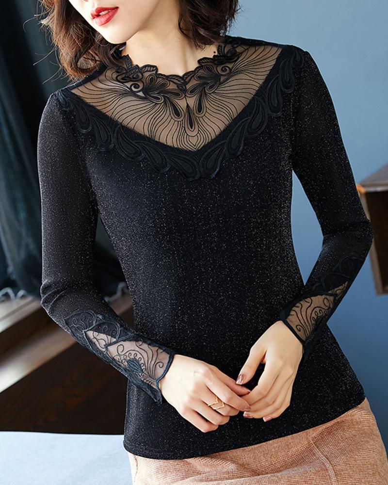 

Mesh Patchwork Long Sleeve Skinny T-shirts, Black