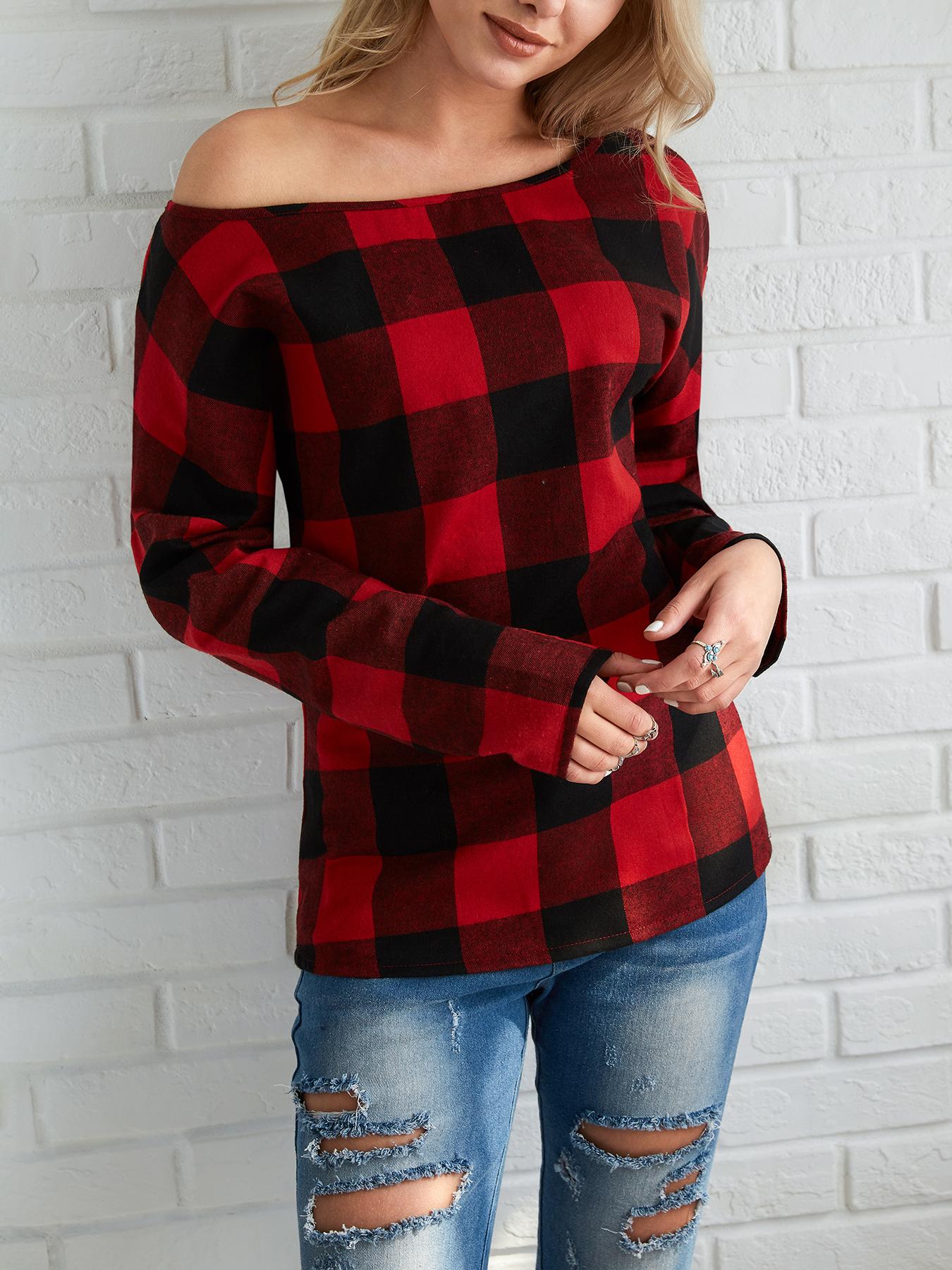 

Red and Black Checkered Skew Neck Casual Top