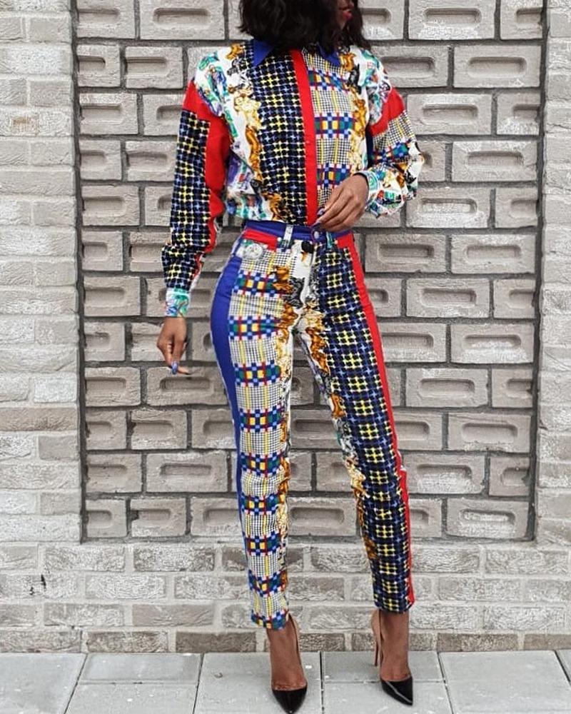 

Colorblock Insert Print Top With Pants Set