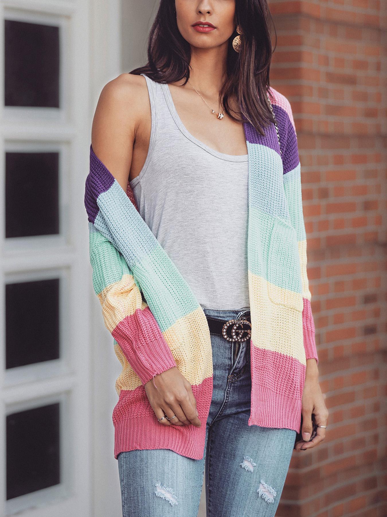 

Rainbow Striped Open Front Casual Cardigan
