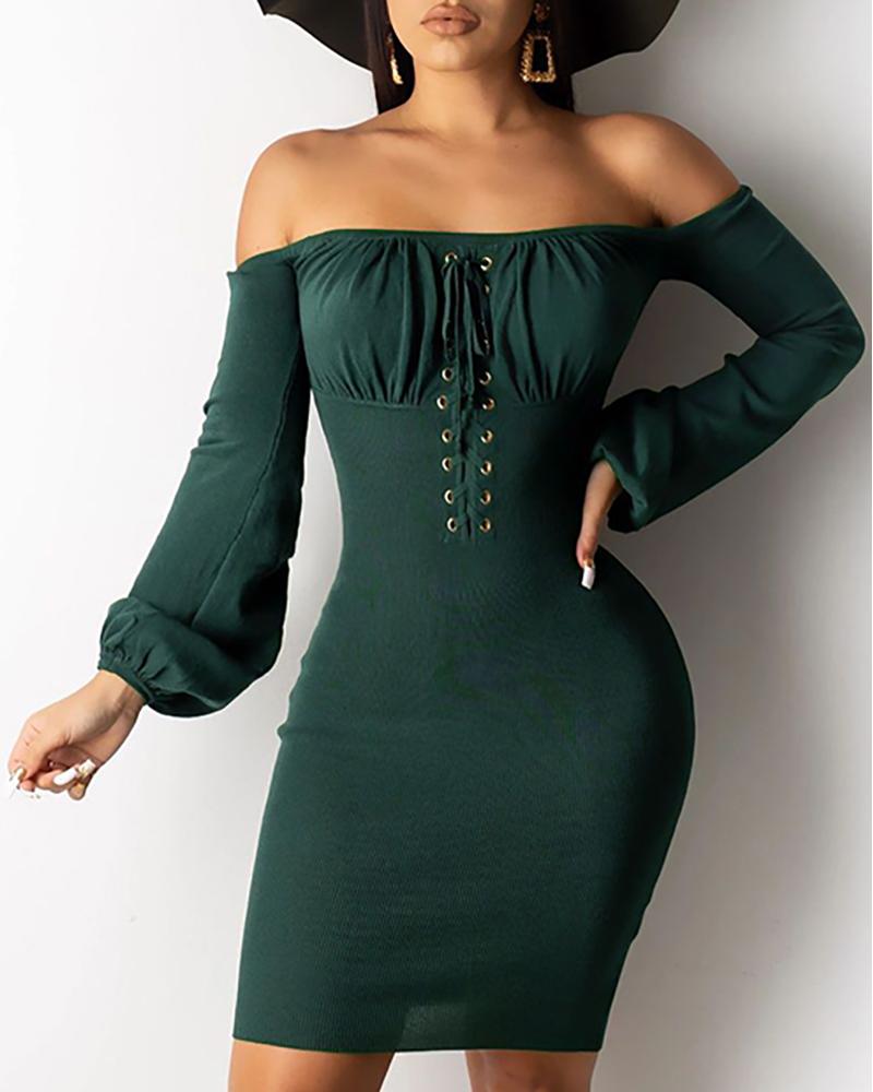 

Eyelet Design Off Shoulder Bodycon Dress, Green