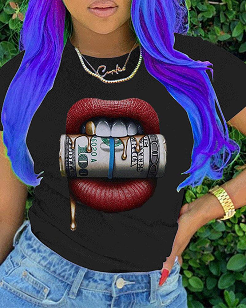 

Lip Print Short Sleeve Casual T-shirt, Black