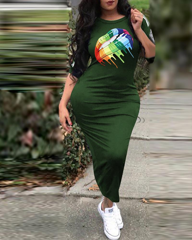 

Mouth Pattern Side Striped Tape Slinky Dress