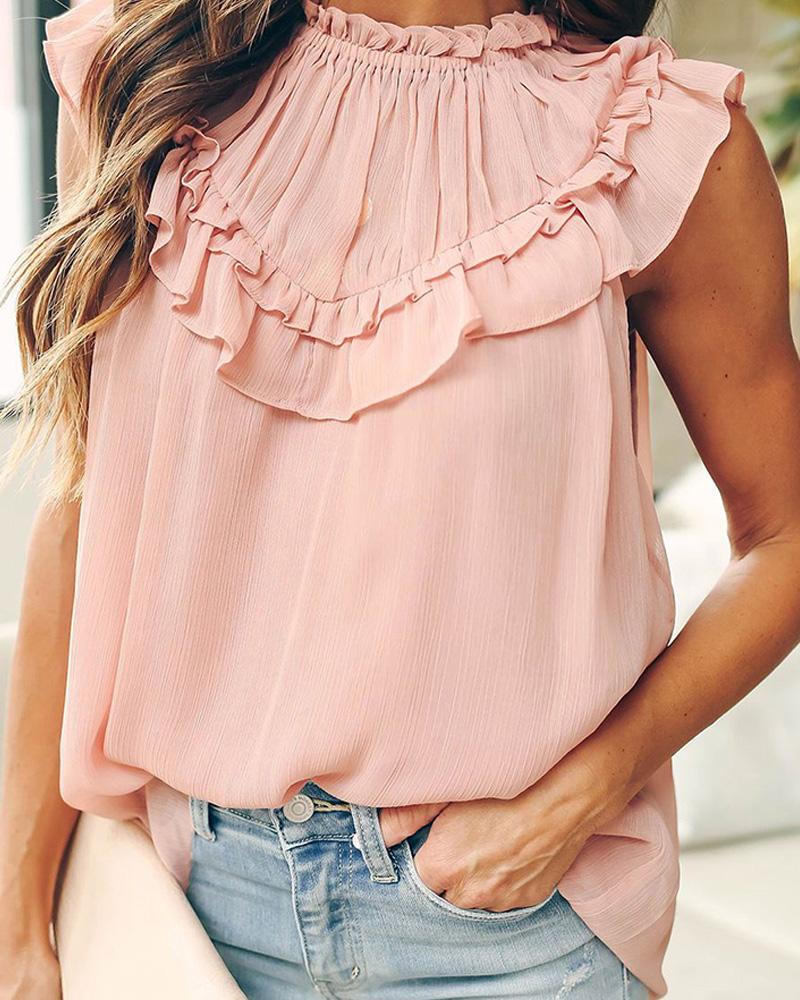 

Solid Round Neck Ruffles Top, Pink