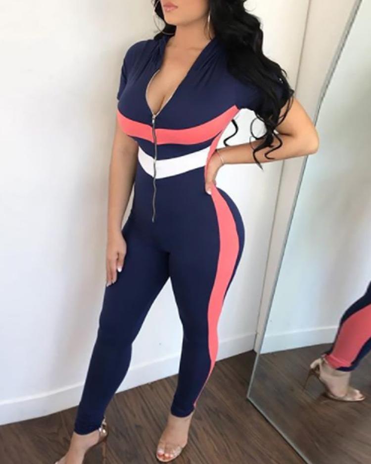 

Contrast Color Zipper Sport slinky Jumpsuit, Dark blue