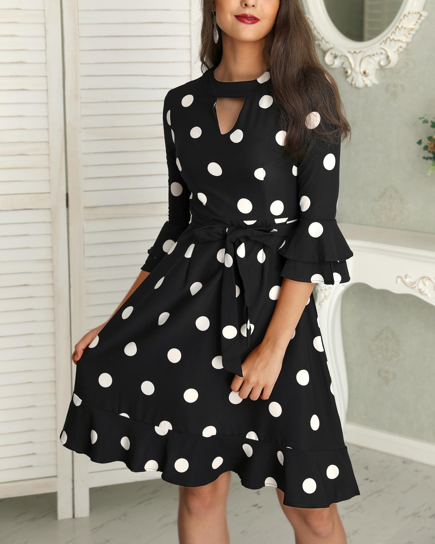 

Polka Dot Print Ruffle Belted Casual Dress, Black