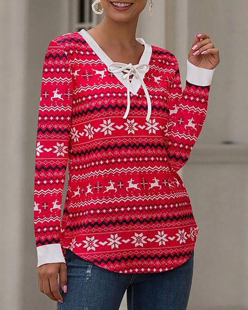 

Christmas Print Lace Up Casual Sweatshirt, Red