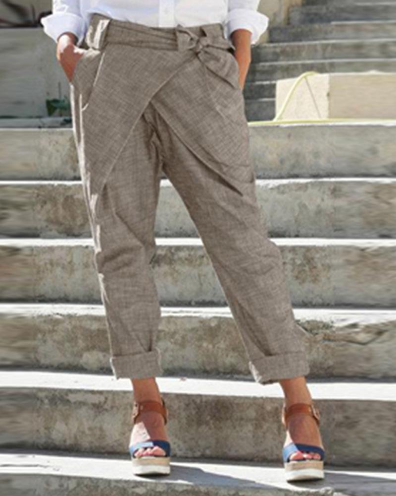 

Cross Over Design Tie Waist Pants, Khaki