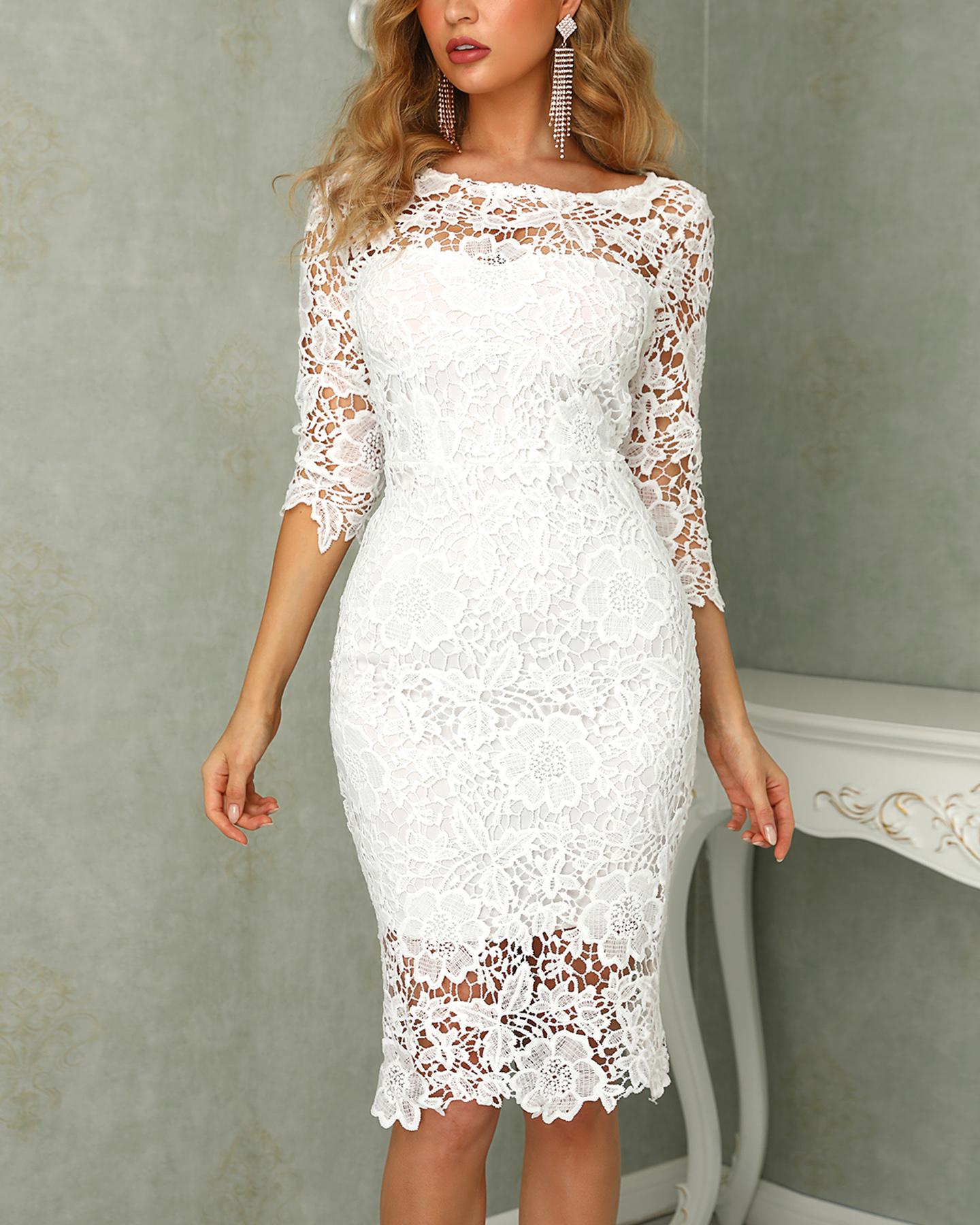 

Crochet Floral Lace Bodycon Dress, White