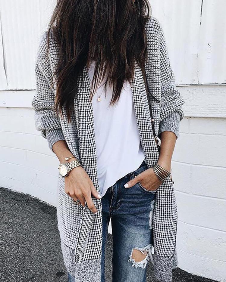 

Solid Open Front Grid Casual Coat, Black