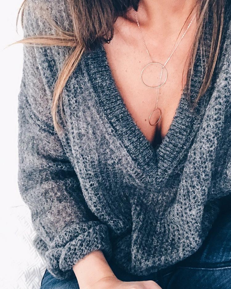 

Plaid V Neck Loose Pullover Sweater - Dark Grey