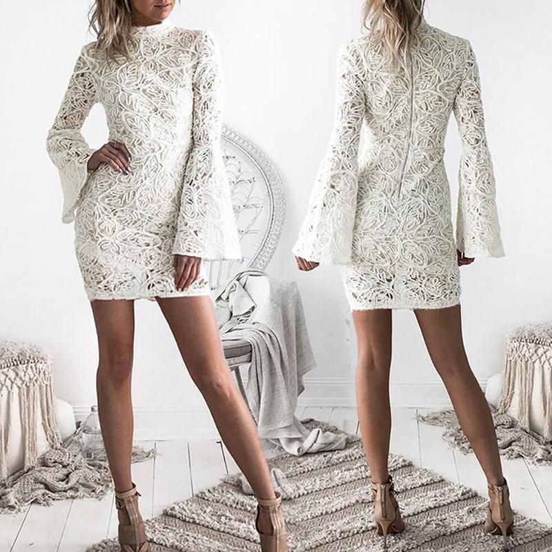 

Stylish Crochet Lace Flare Sleeve Bodycon Mini Dress, White