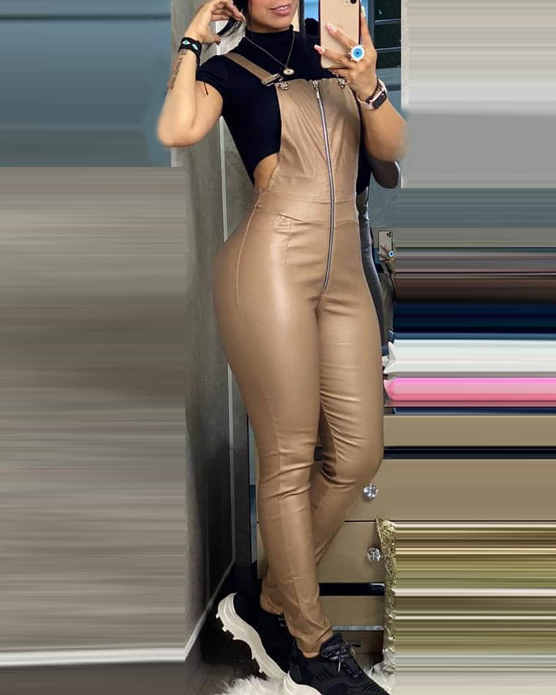 

Buckled Zipper Design Fitted Suspender Jumpsuit, Khaki