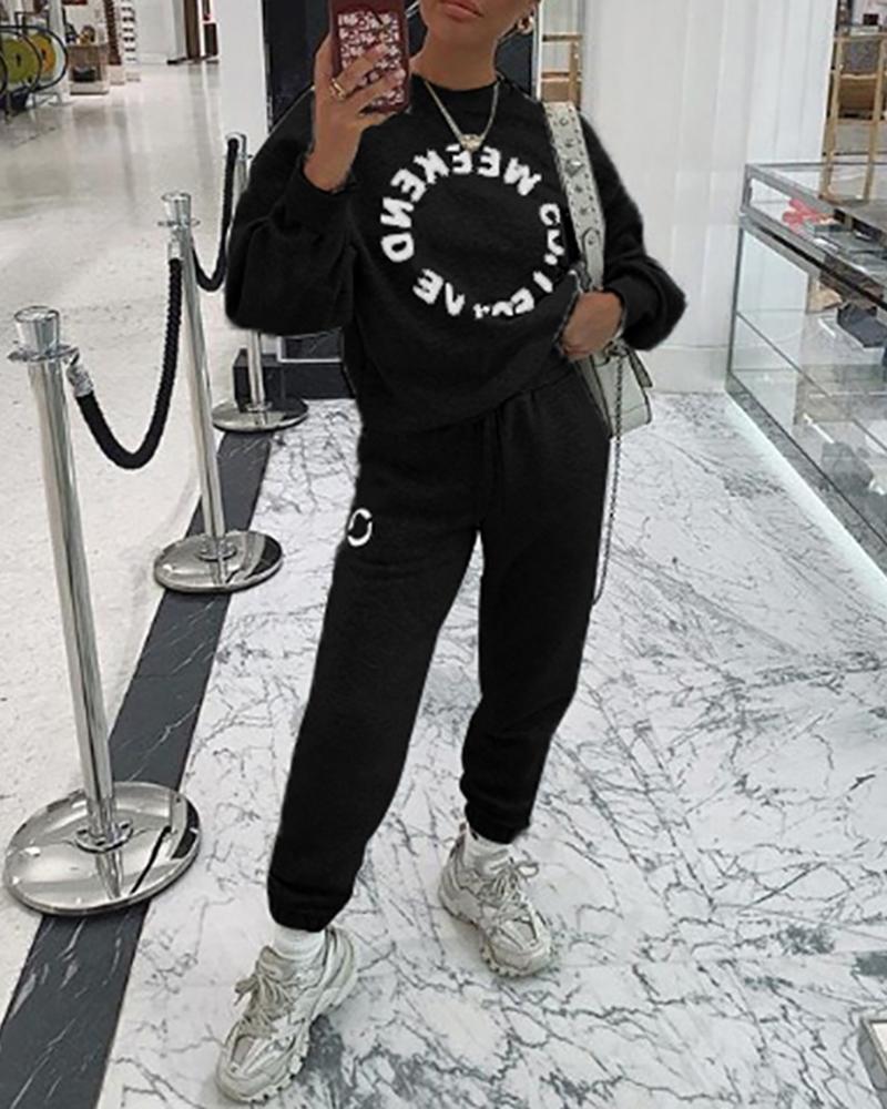 

Letter Print Long Sleeve Top & Drawstring Pants Set, Black