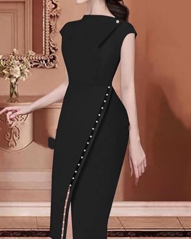 

Beading Embellished Slit Irregular Midi Dress, Black