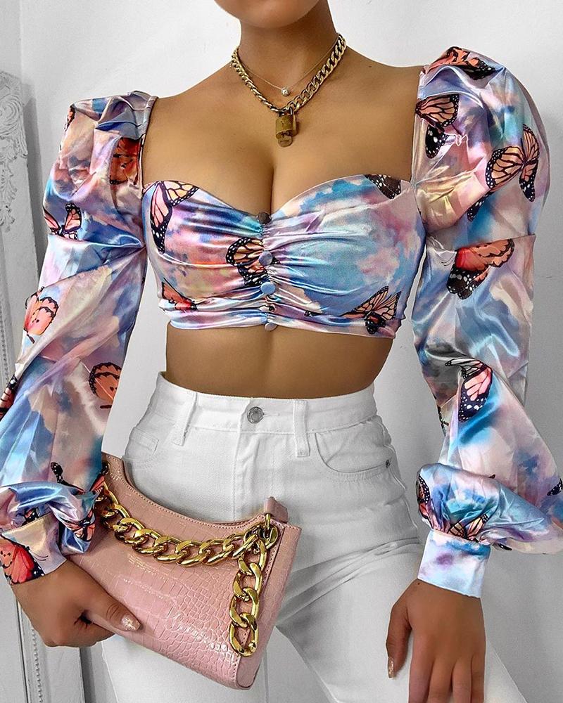 

Butterfly Tie Dye Print Satin Crop Top, Multicolor