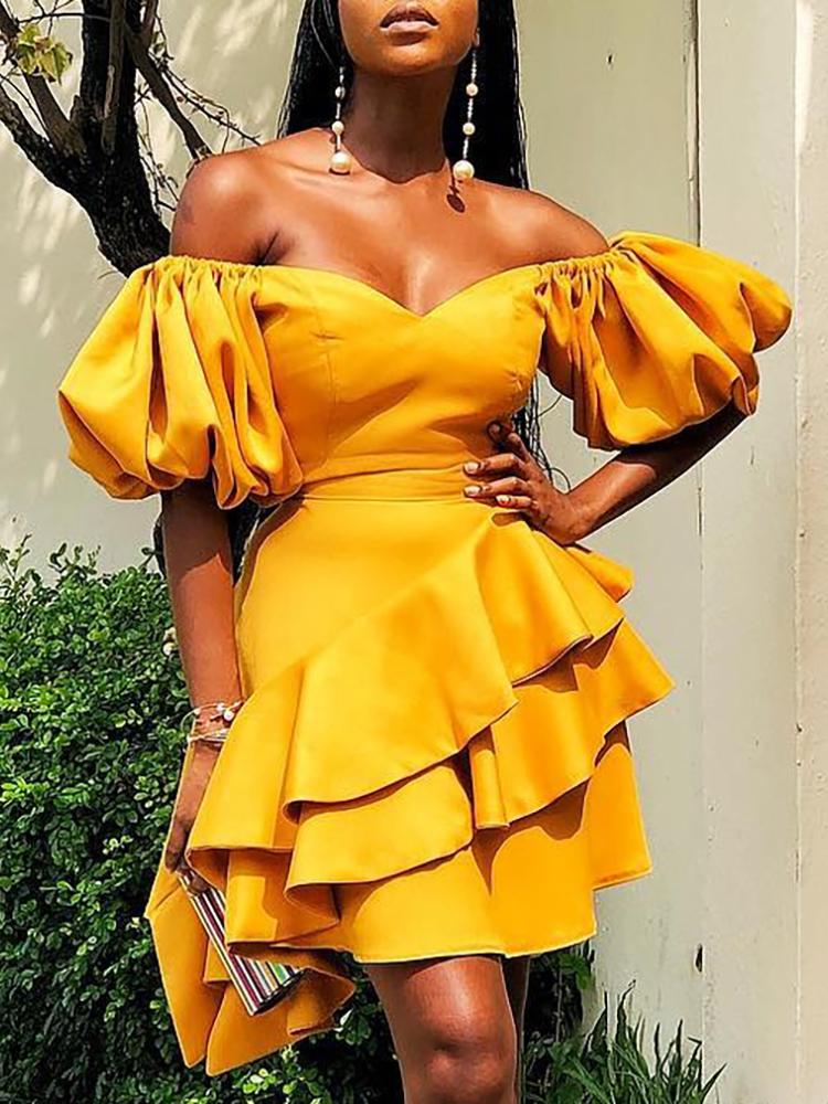 

Layered Ruffles Trim Puff Sleeve Mini Dress, Dark yellow