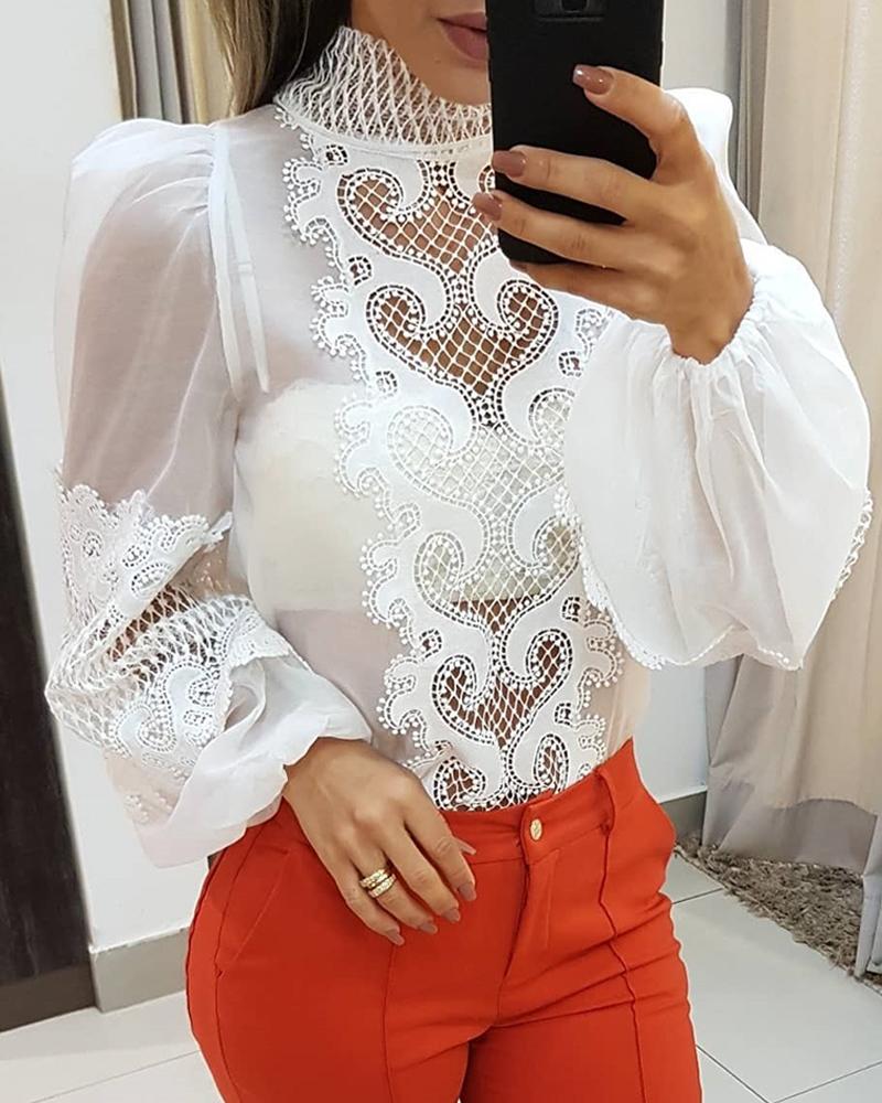 

Lace Trim Puff Sleeve Sheer Mesh Blouse, White