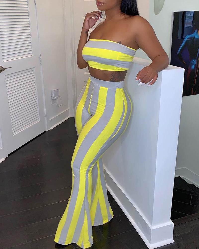 

Striped Crop Top & Bell Bottom Pants Sets, Yellow