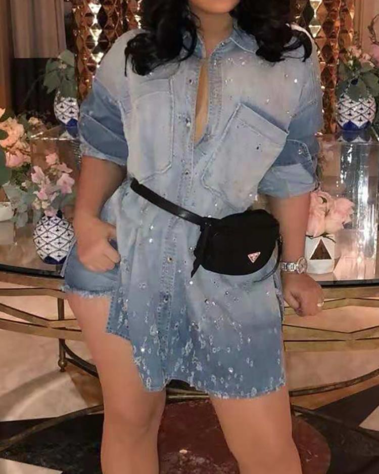 

Gradient Color Distressed Denim Shirt Dress, Light blue