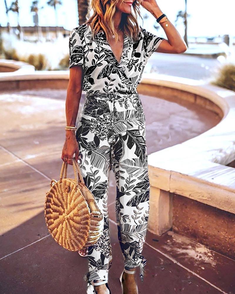 

Botanical Print V-neck Short Sleeve Jumpsuit, White