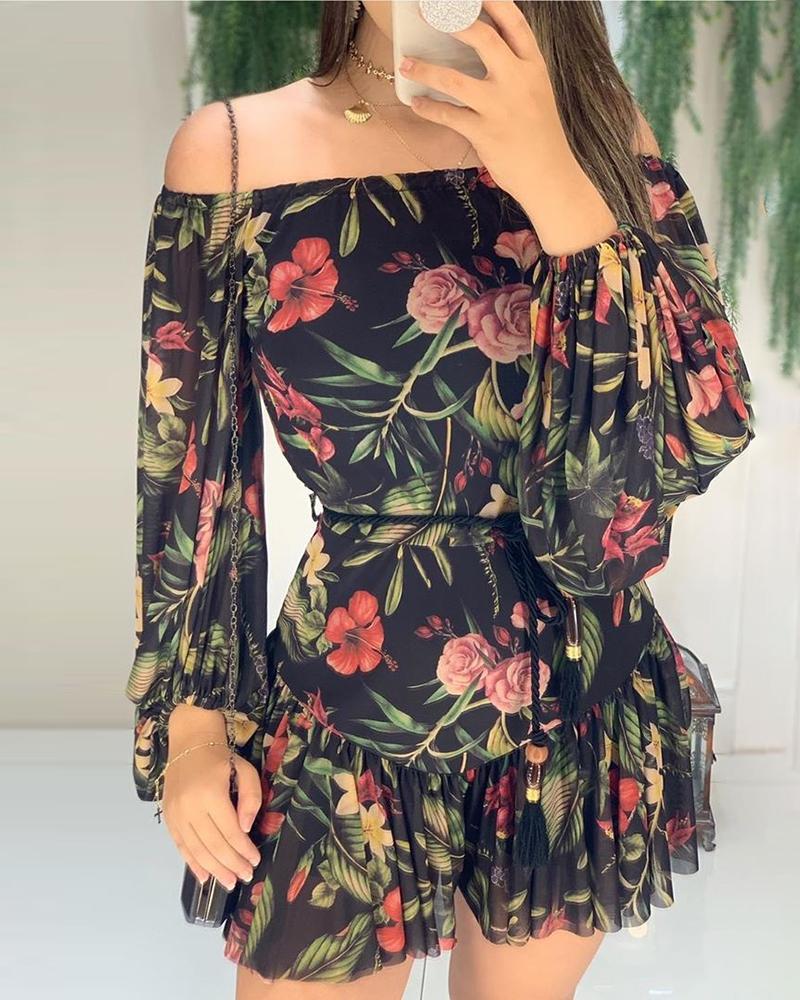 

Floral Print Off Shoulder Ruffles Dress, Black