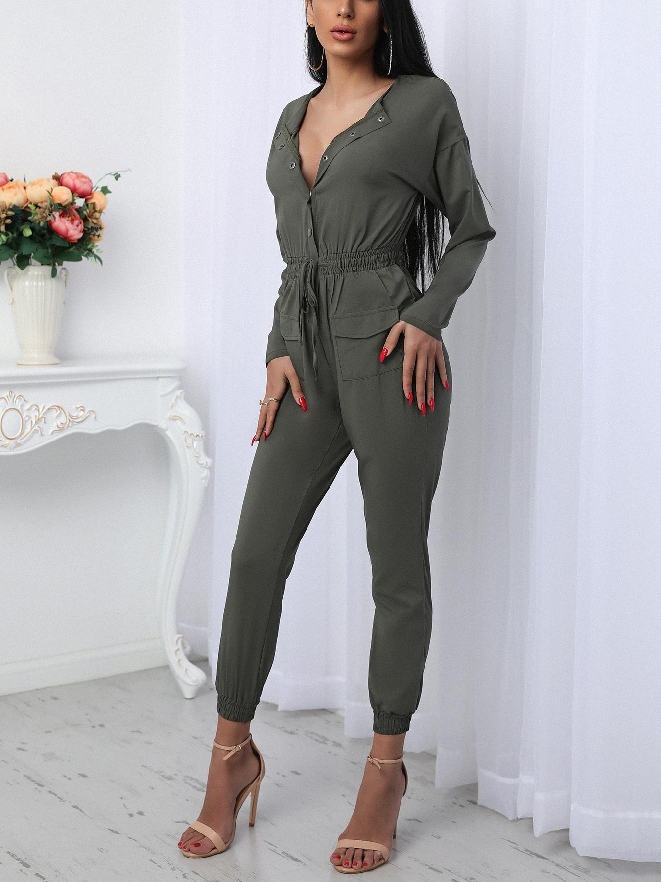 

Solid Button Drawstring Deep V Puff Leg Jumpsuit, Green