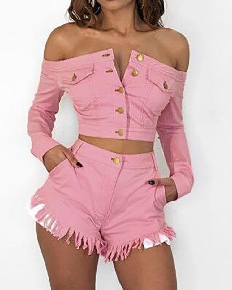 

Denim Off Shoulder Crop Top & Tassel Hem Shorts Sets, Pink