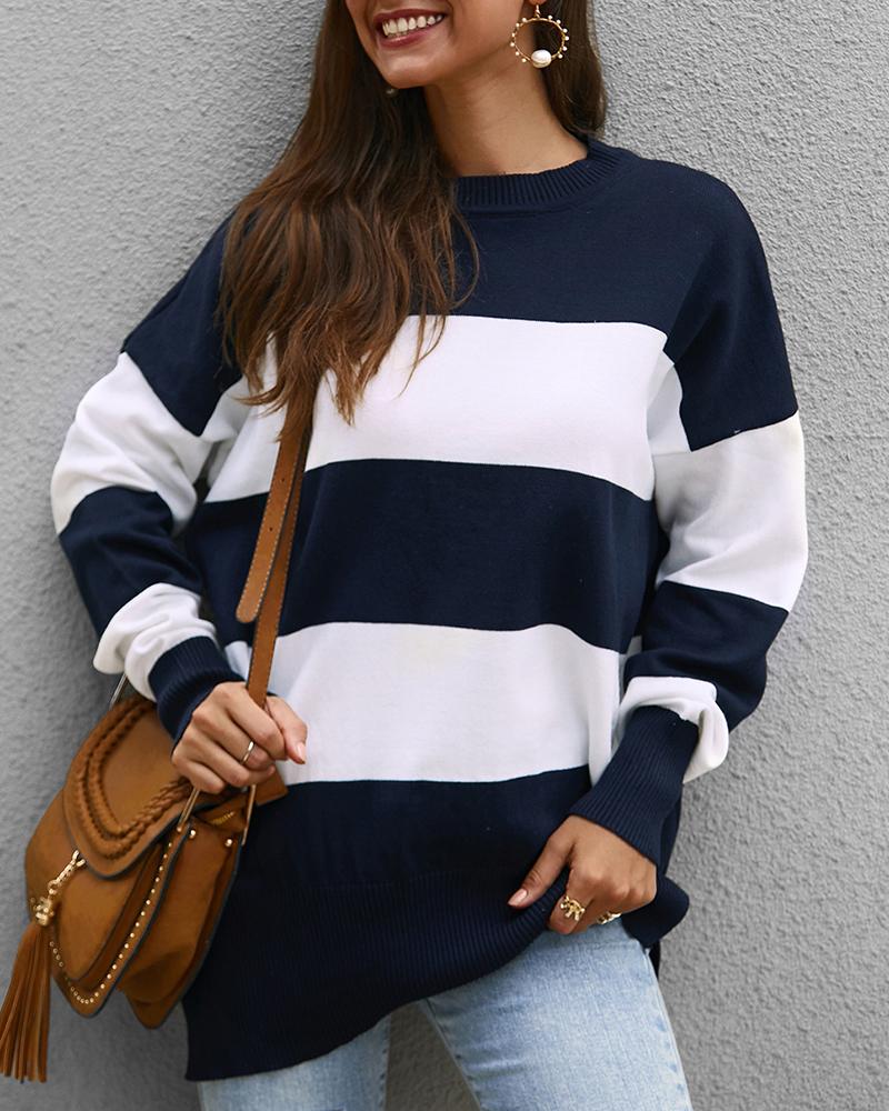

Striped Colorblock Casual Sweater, Dark blue