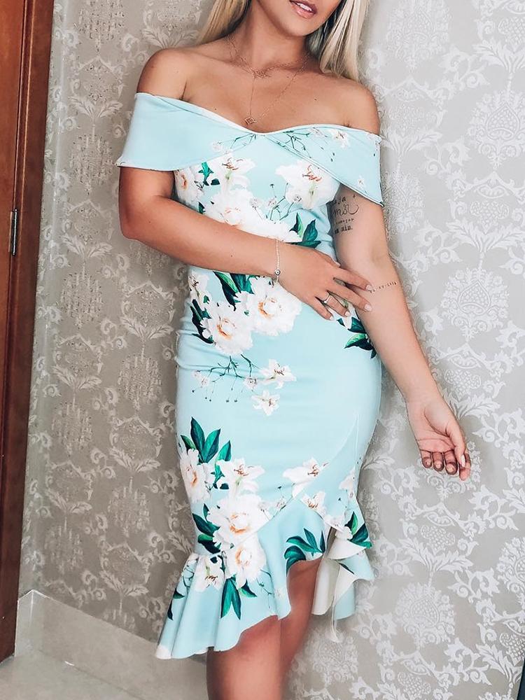 

Floral Print Off Shoulder Flounced Hem Dress