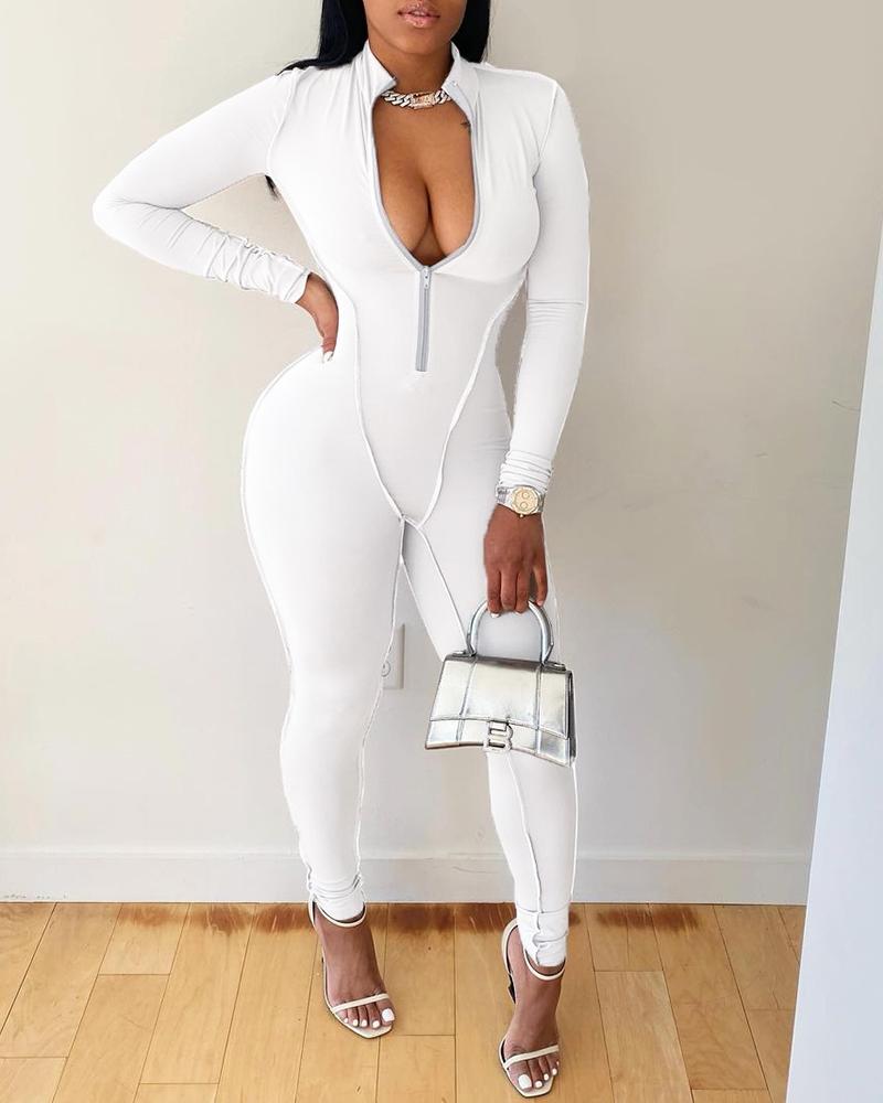 

Zipper Design Long Sleeve Skinny Jumpsuit, White