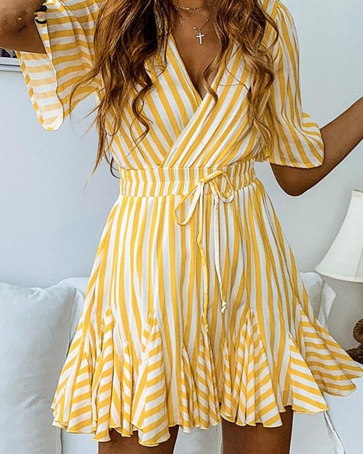 

V-Neck Striped Ruffles Casual Dress