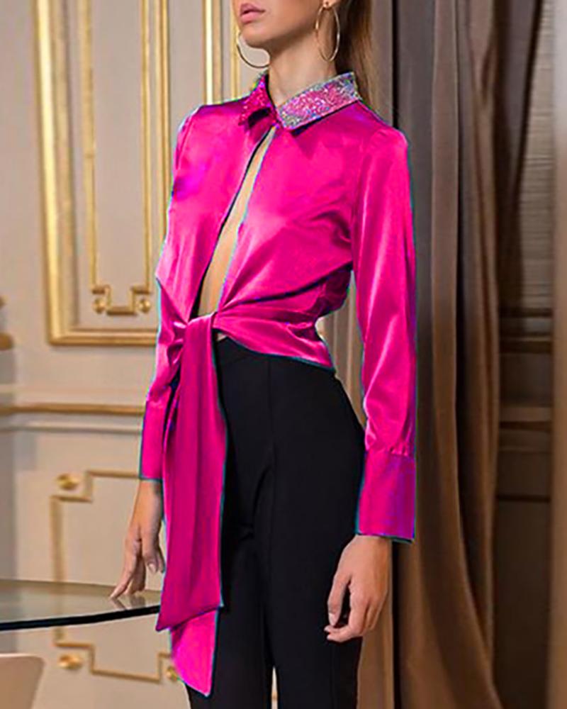 

Open Back Tied Glitter Neck Blouse, Hot pink