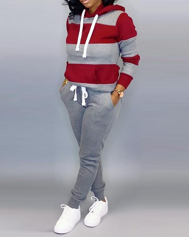 

Hooded Colorblock Insert Drawstring Sweatshirt & Pants Sets, Gray