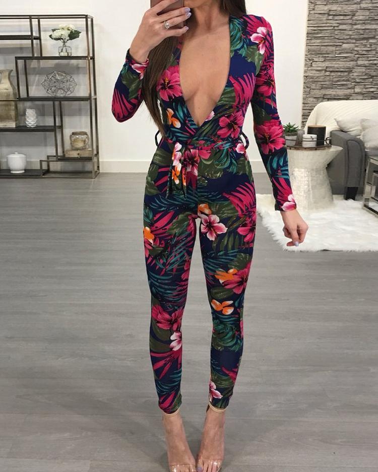 

Sexy Deep V Tropical Floral Skinny Jumpsuit, Multicolor