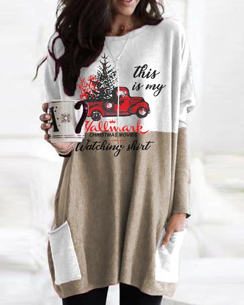 

Christmas Letter Car Print Colorblock Casual Top, Khaki