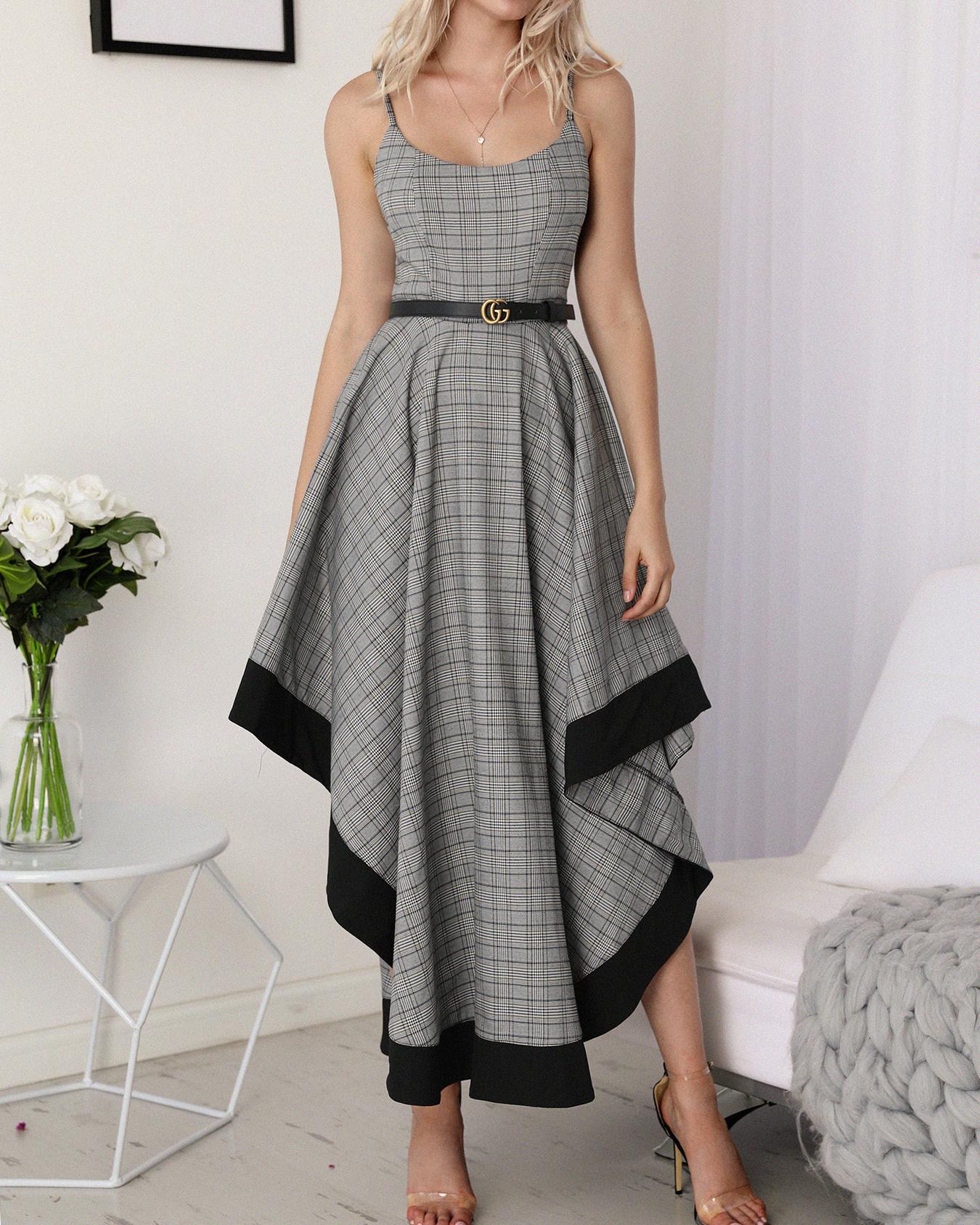 

Fashion Spaghetti Strap Grid Irregular Dress, Multicolor
