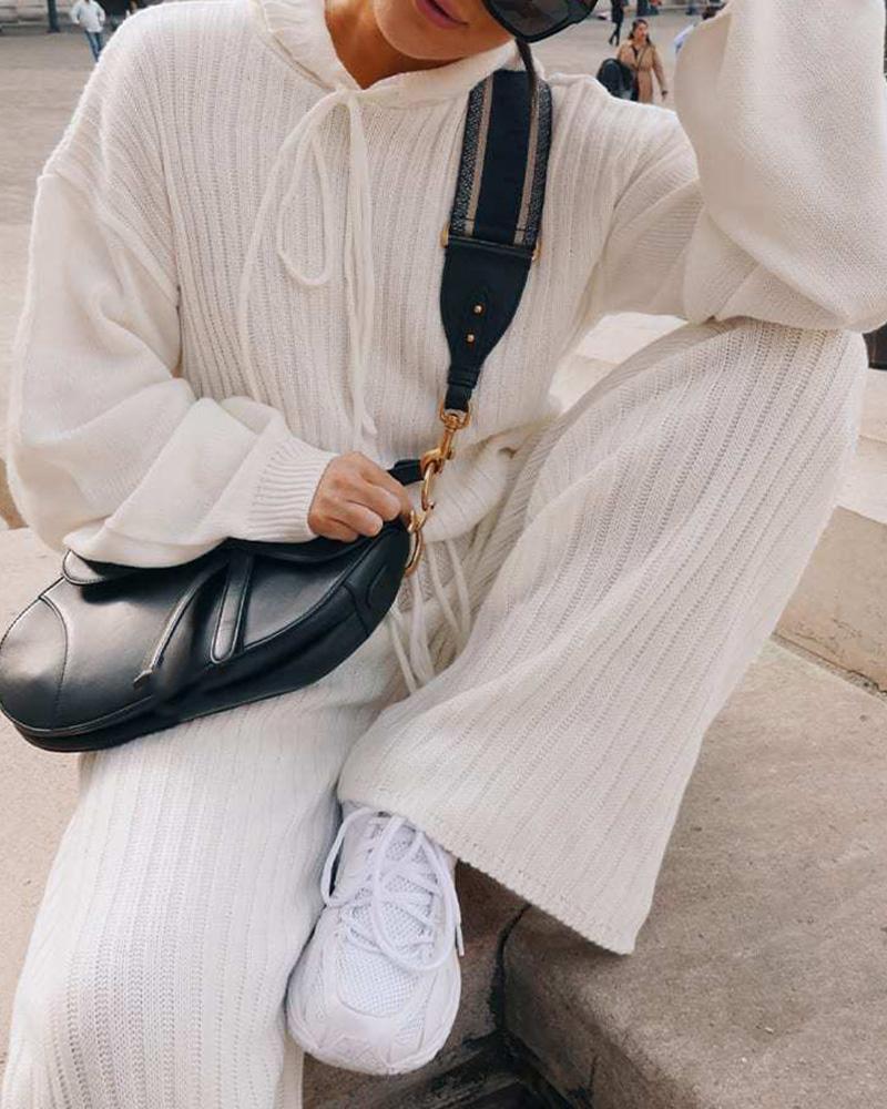 

Solid Long Sleeve Hooded Top & Drawstring Pants Set, White