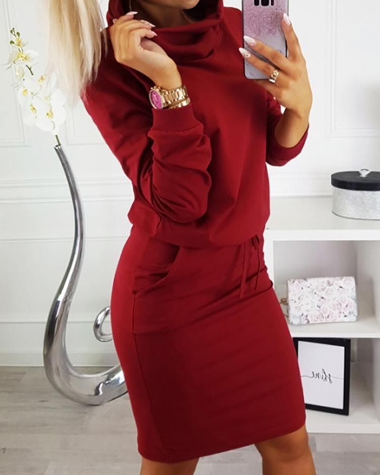 

Cowl Neck Drawstring Sweatshirt Dress, Red