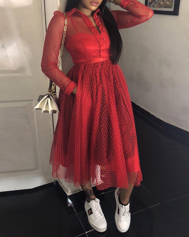 

Long Sleeve Dots Sheer Mesh Dress, Red