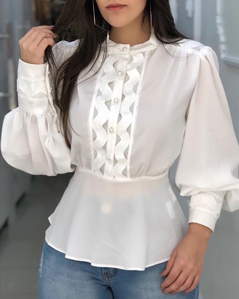 

Lantern Sleeve Hollow Out Trim Blouse
